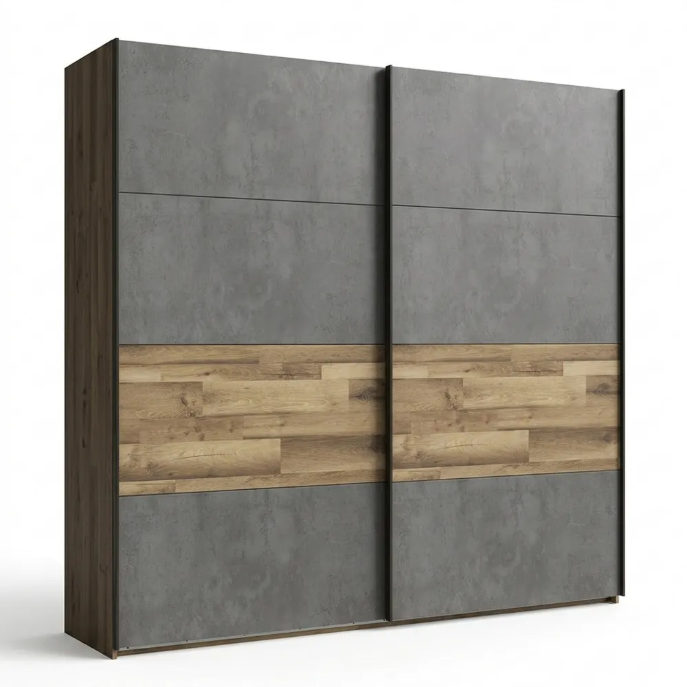 Schwebetürenschrank in Betonoptik mit Stabeiche, 2-türig, 220x210,5x61 cm