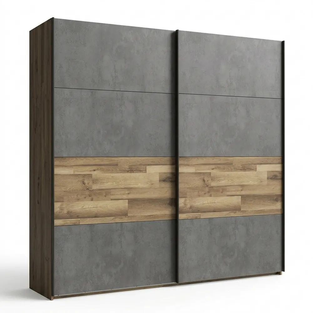 Schwebetürenschrank in Betonoptik mit Stabeiche, 2-türig, 220x210,5x61 cm