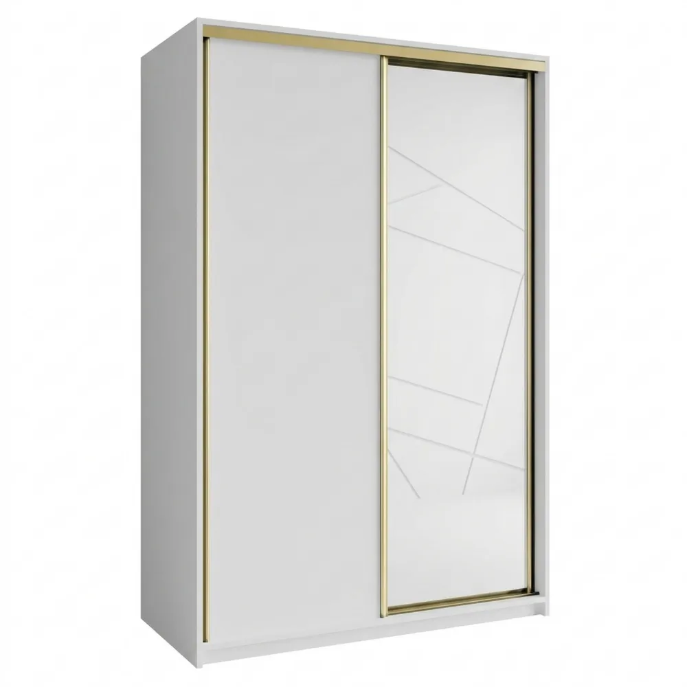 2-türiger Kleiderschrank mit Spiegel und Schubladen in Weiß-Gold