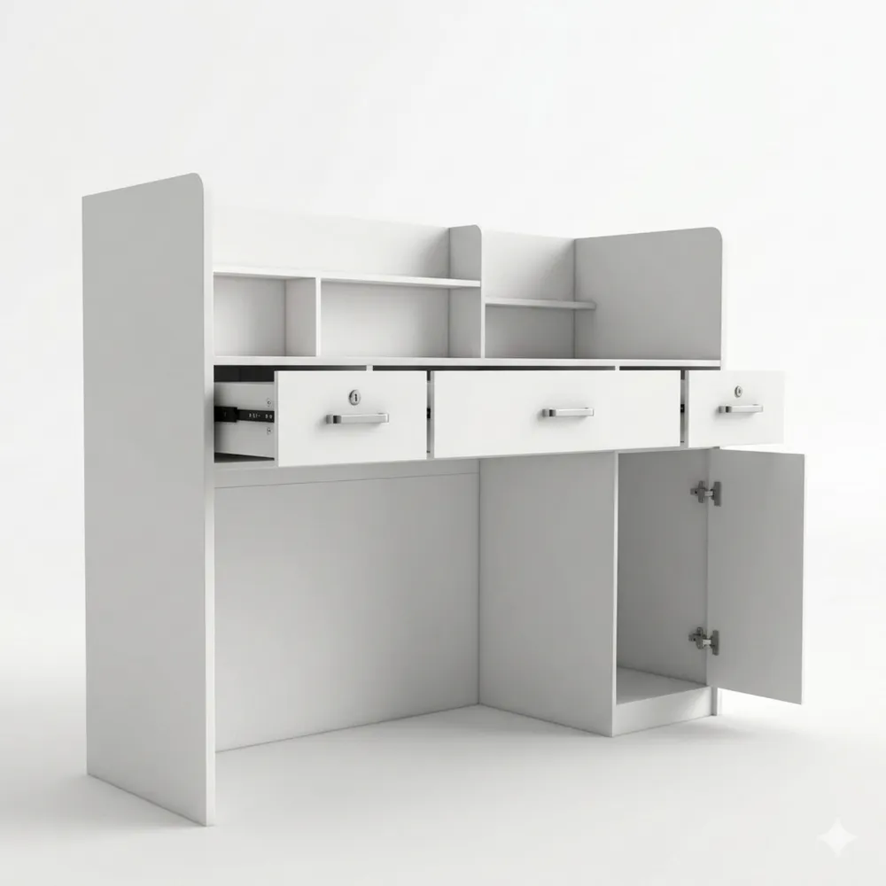 Moderne Empfangstheke mit Schubladen und Einlegeböden für vielseitige Nutzung