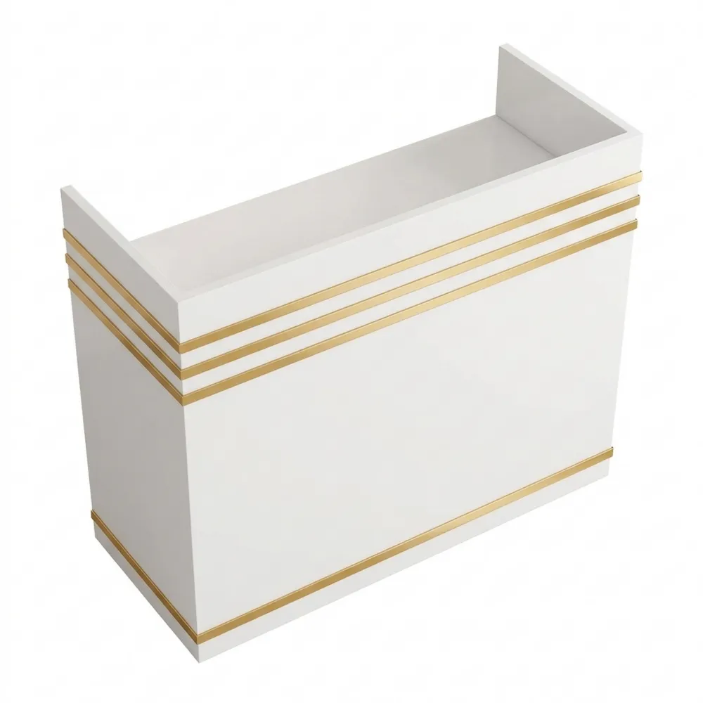 Weiße Empfangstheke mit Schubladen und goldenen Akzenten für Büro und Spa
