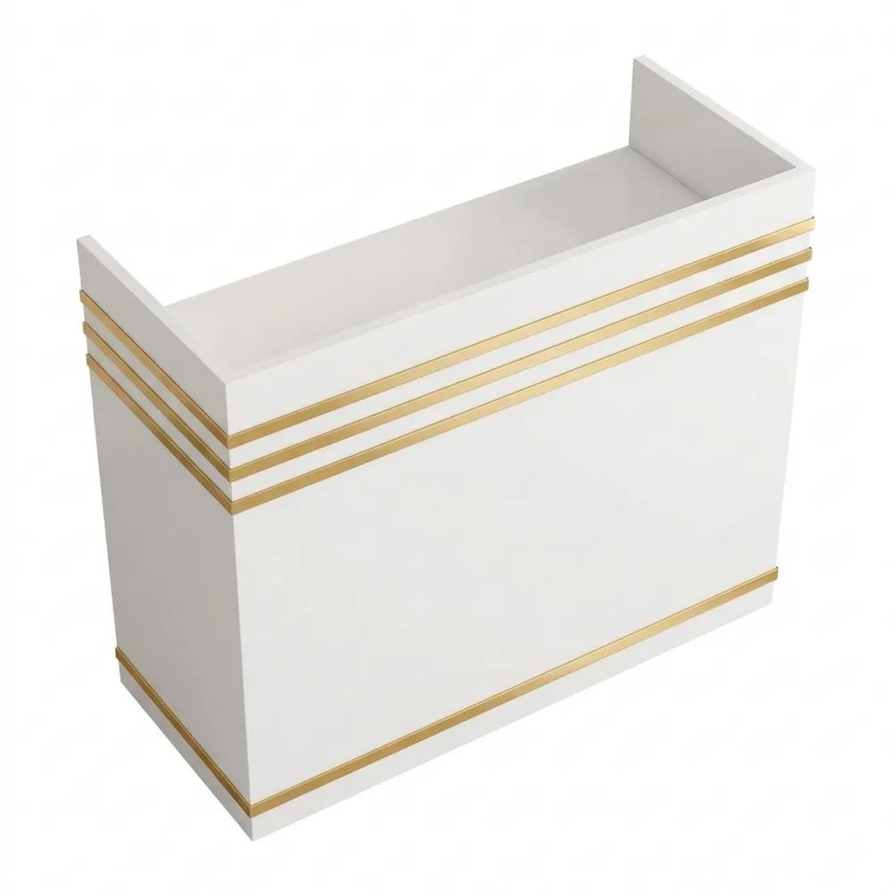 Weiße Empfangstheke mit Schubladen und goldenen Akzenten für Büro und Spa