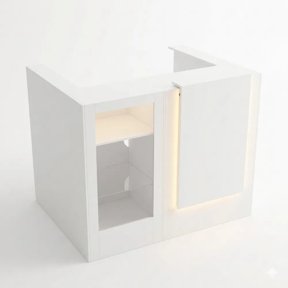 Elegante Empfangstheke mit Beleuchtung und Glasoberfläche, Eckdesign mit Tastaturschublade und Stauraum, 120 x 122 x 102 cm