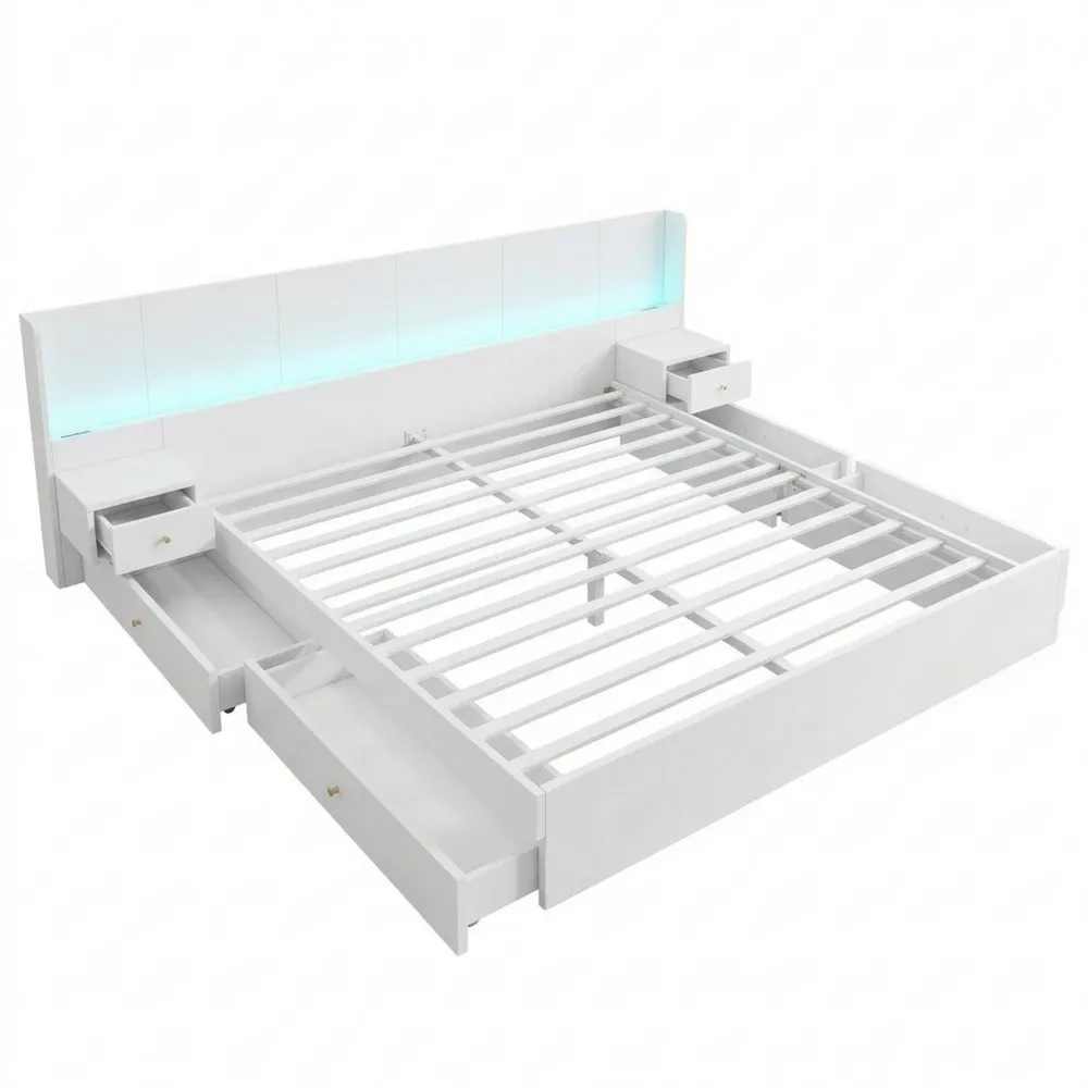 Funktionales Doppelbett 180x200 mit LED-Kopfteil und Stauraum