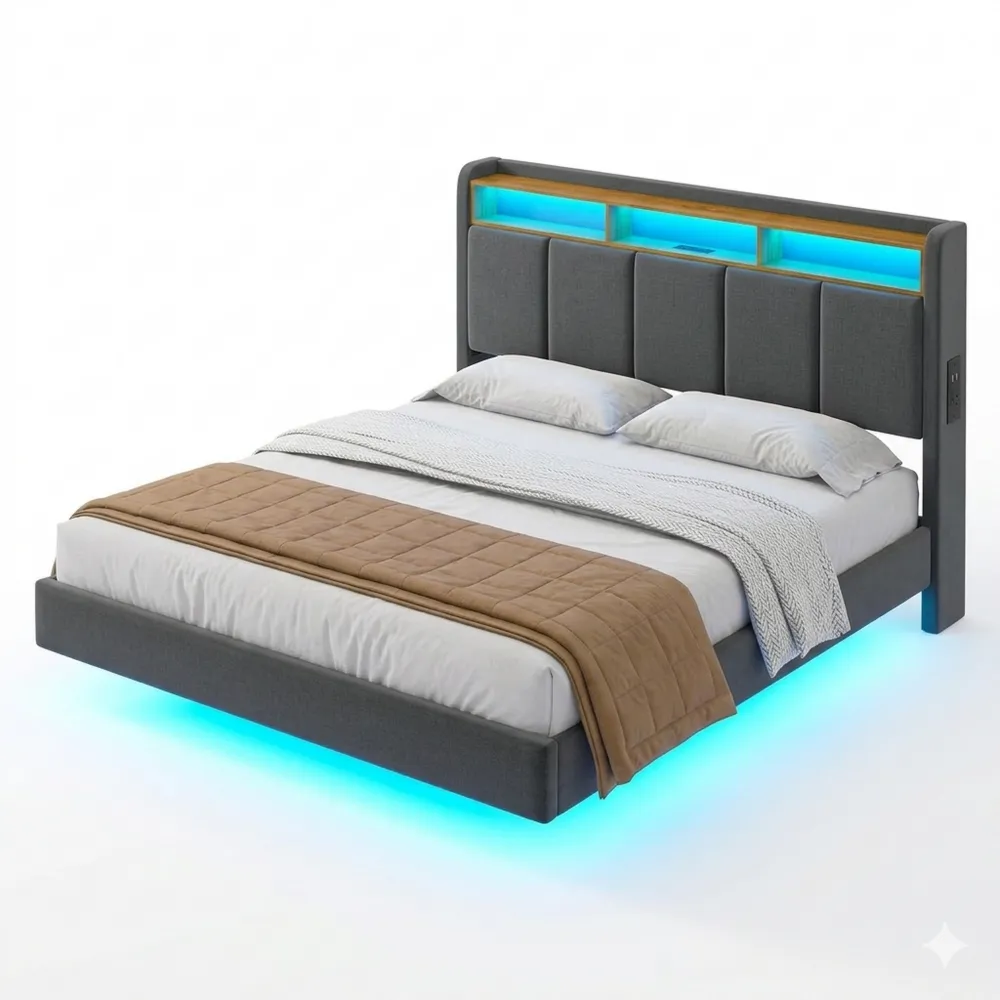 Modernes Doppelbett 140x200 cm mit LED und Stauraum in Grau