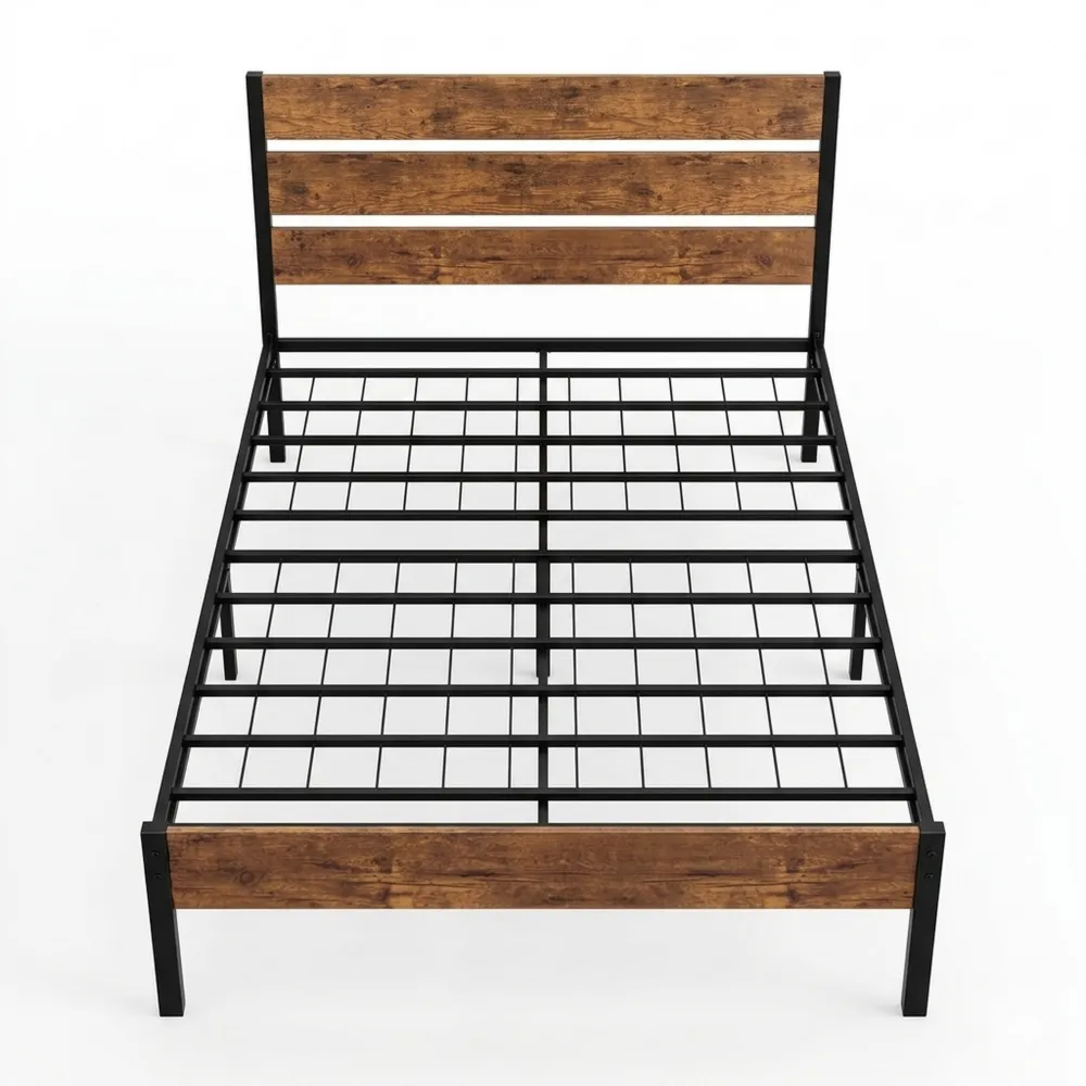 Metall-Einzelbett mit Holz-Kopfteil und Stauraum