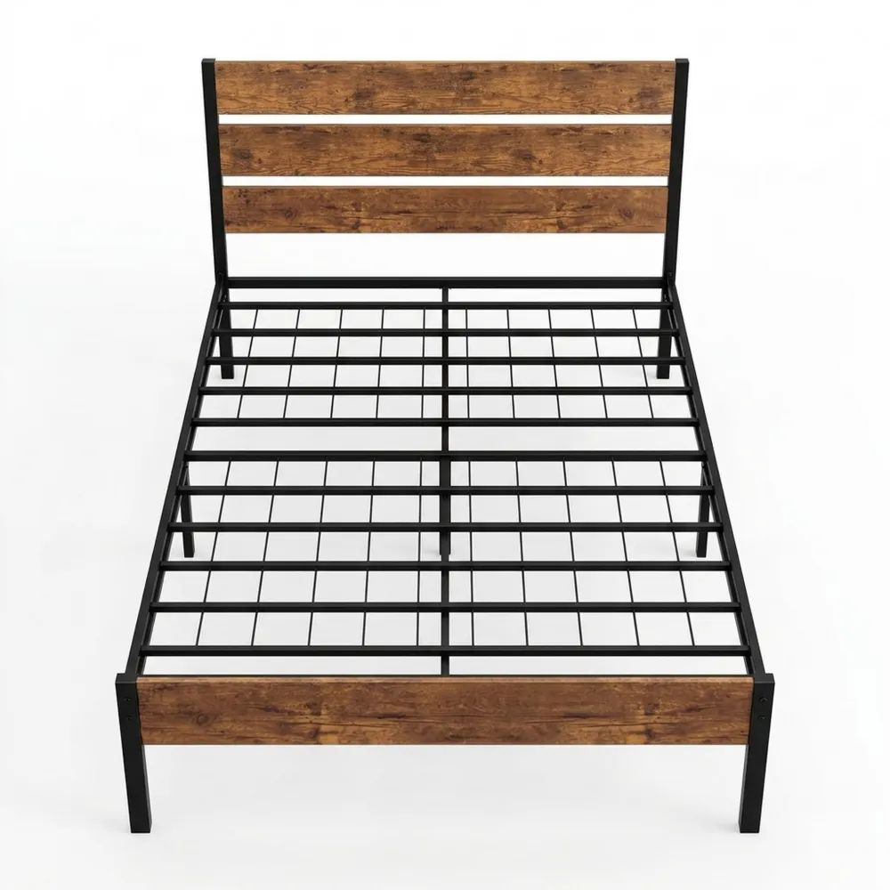 Metall-Einzelbett mit Holz-Kopfteil und Stauraum