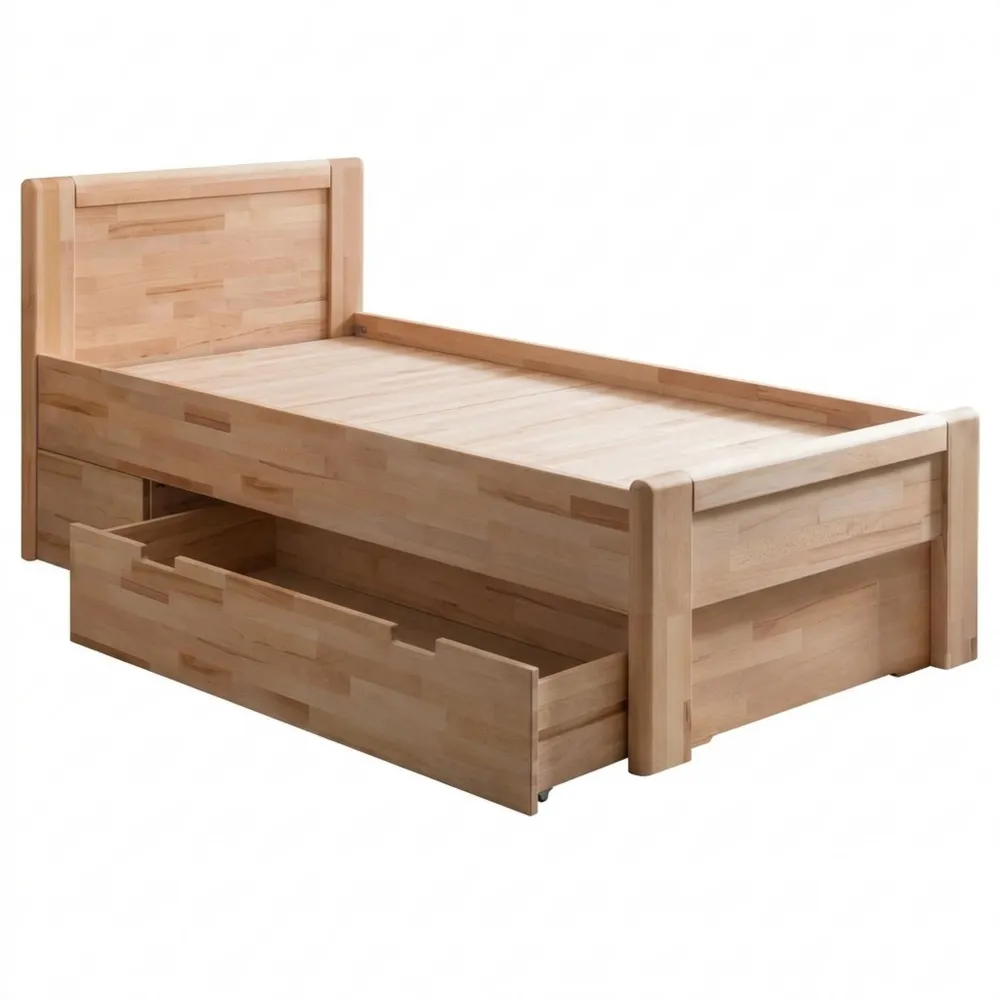 Seniorenbett Massivholz 100x200 cm mit Schublade, Naturholz