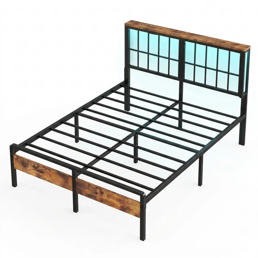 Metallbettgestell 120x200 mit LED und Ladestation, Stauraum, USB-Anschluss