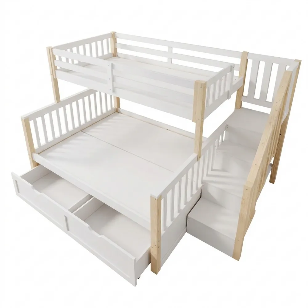 Platzsparendes Etagenbett mit Ablageleiter und Stauraum, 90x200cm oben, 140x200cm unten, ohne Matratze, Weiß mit Naturholz