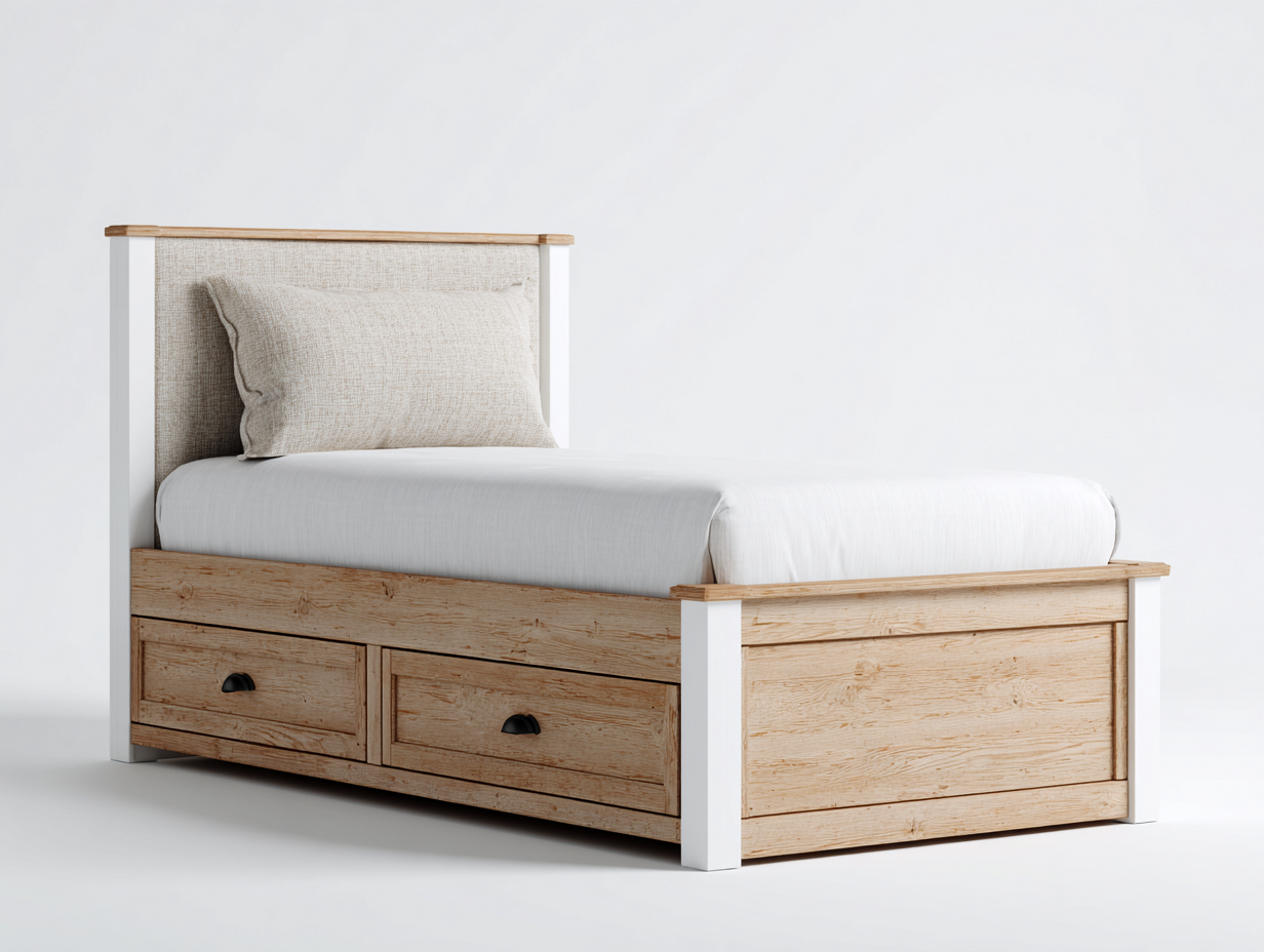 Camas individuales de madera con 2 cajones y cabecero tapizado 200x100x95 cm - marrón-blanco - diseño moderno-Havenuphome