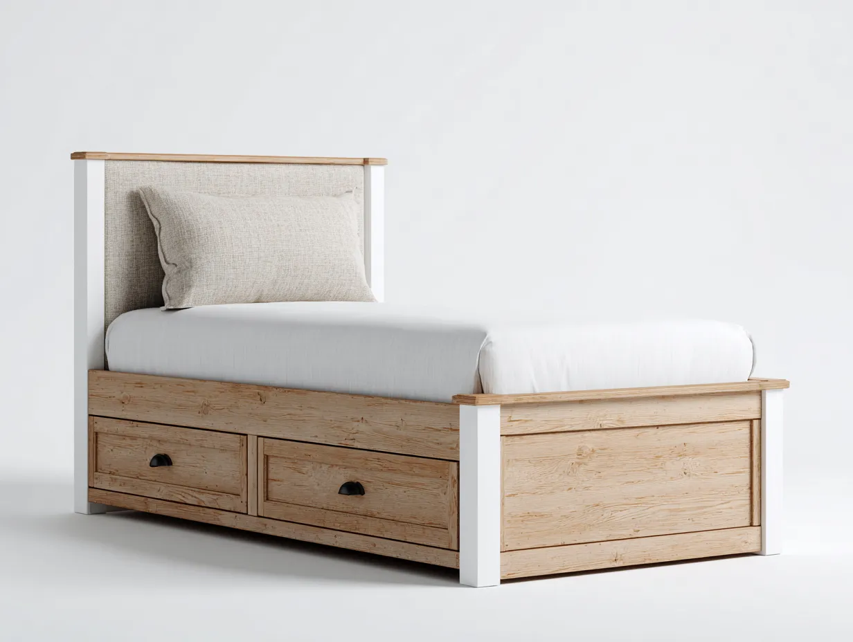Camas individuales de madera con 2 cajones y cabecero tapizado 200x100x95 cm - marrón-blanco - diseño moderno-Havenuphome