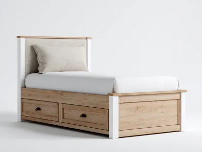 Camas individuales de madera con 2 cajones y cabecero tapizado 200x100x95 cm - marrón-blanco - diseño moderno-Havenuphome