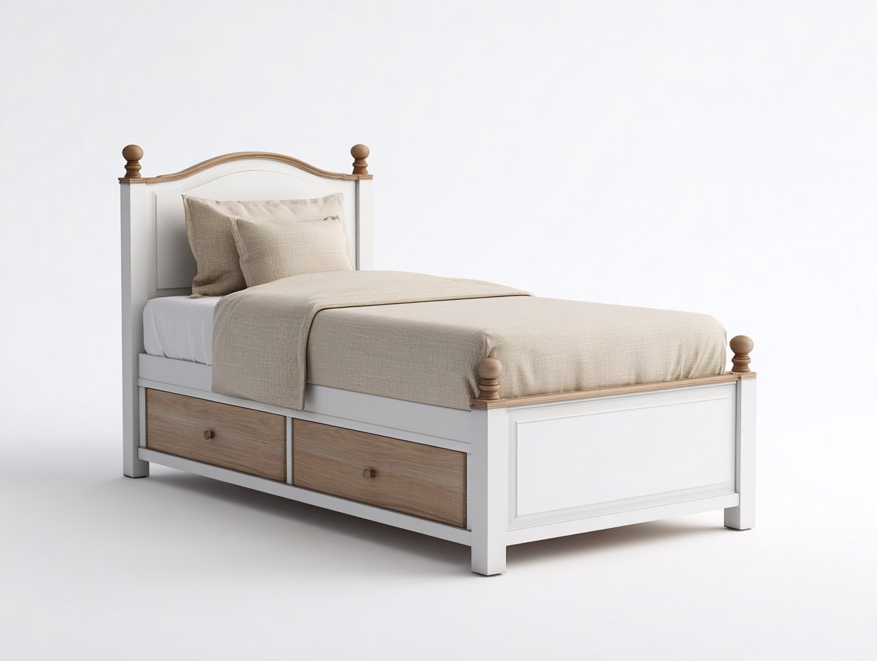 Camas individuales madera maciza con cajones de almacenamiento 200x100x105 cm - blanco-madera natural - diseño clásico-Havenuphome