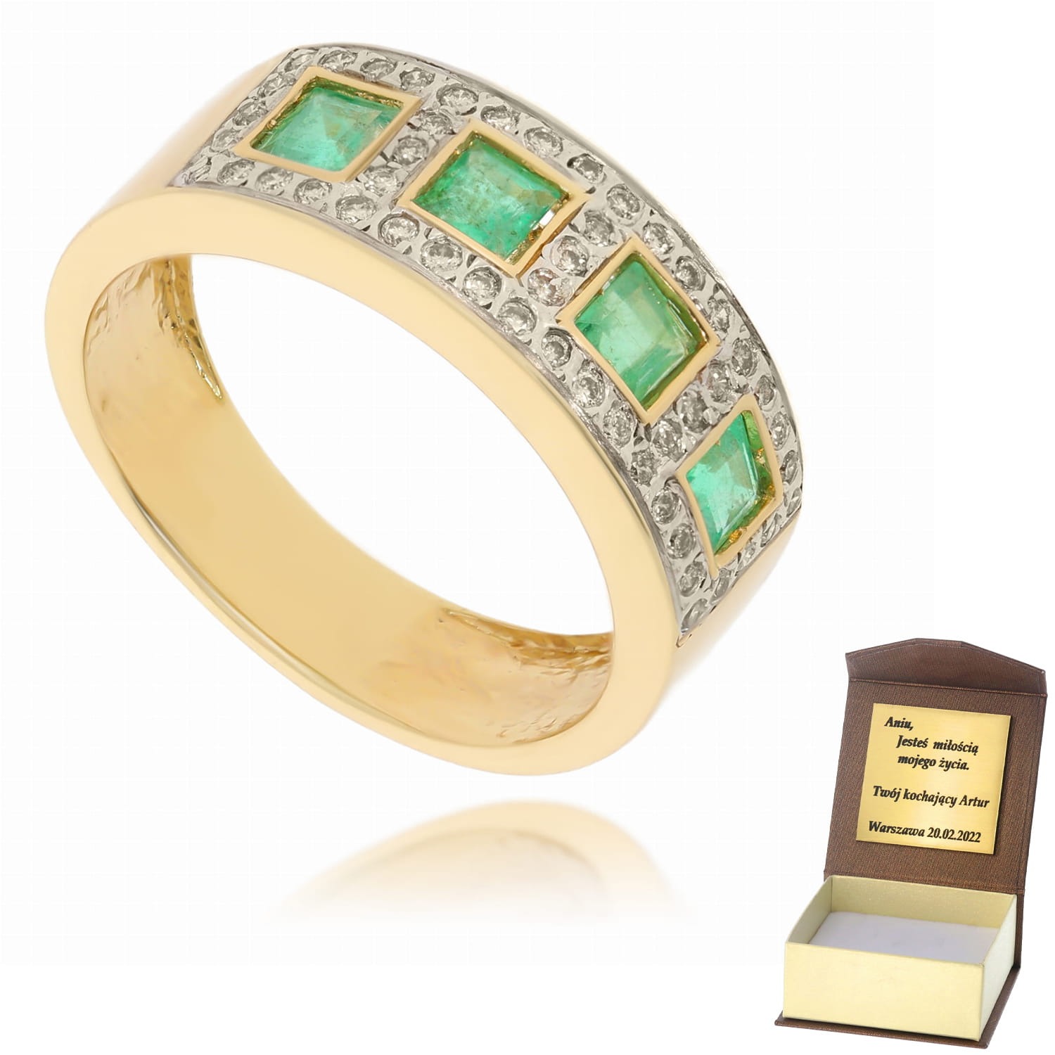 Złoty pierścionek z diamentami i szmaragdami 585