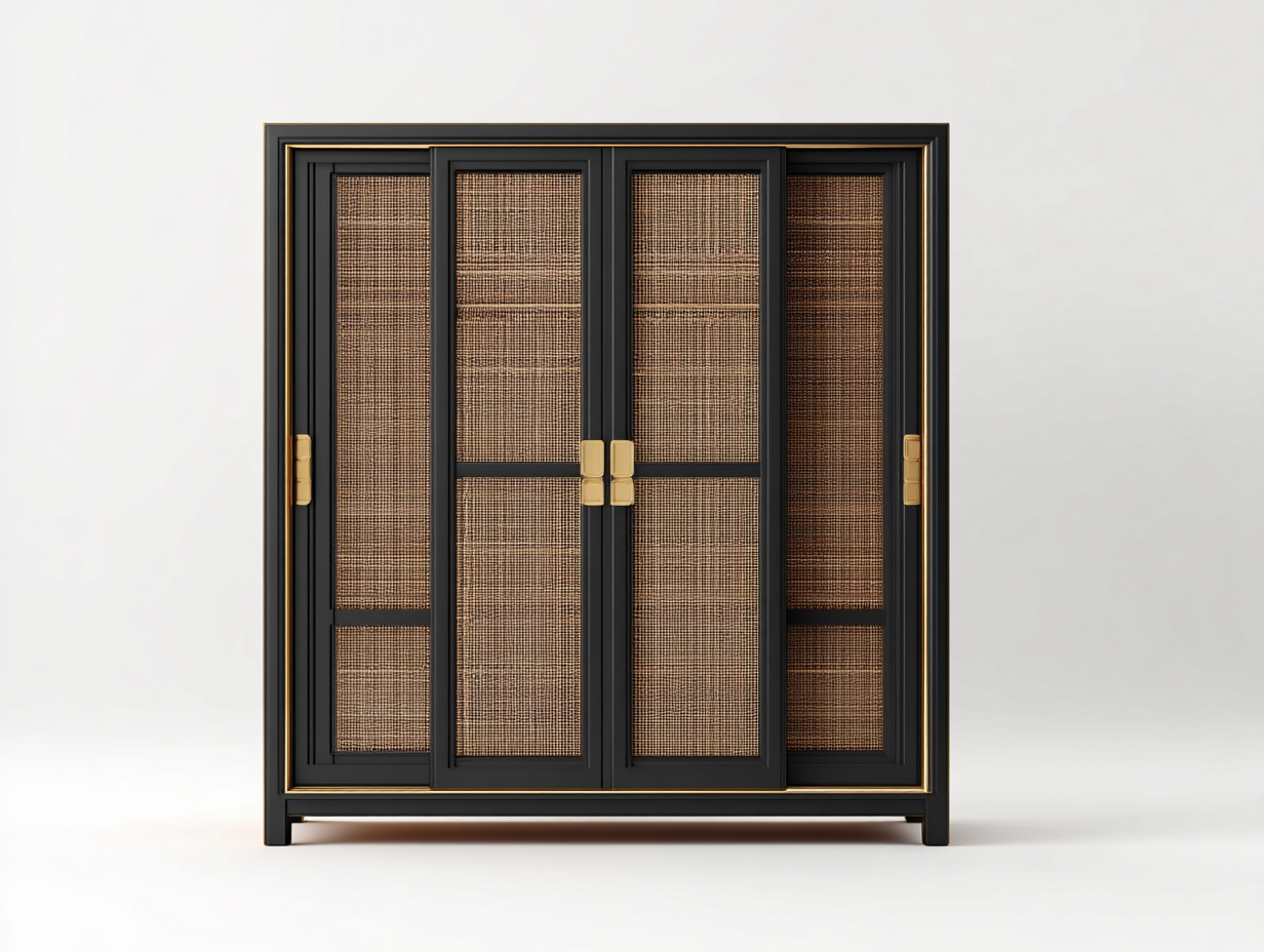 Kleiderschrank Holzwerkstoff mit Rattanoptik 160x60x160 cm - Schwarz - Natur - modernes Design - für Schlafzimmer-Nestgethaus