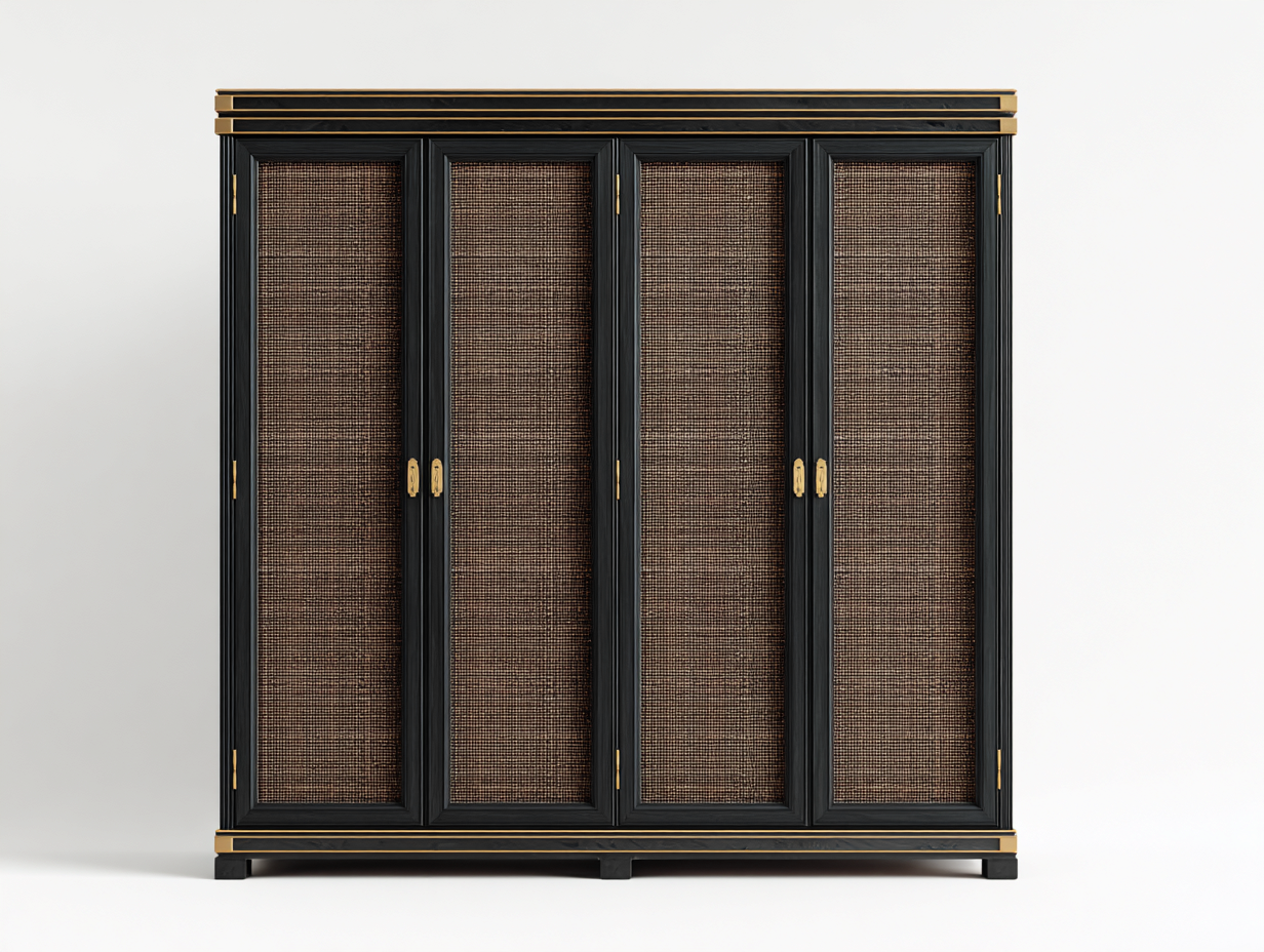 Kleiderschrank Holzwerkstoff mit Rattanoptik 200x60x200 cm - Schwarz - Natur - modernes Design - für Schlafzimmer-Nestgethaus