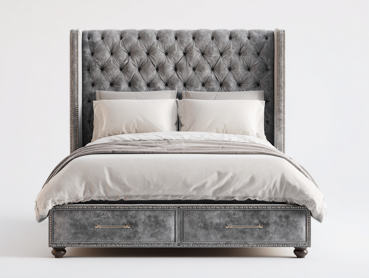 Camas dobles tapizada tela 200x160x120 cm - gris - diseño capitoné con almacenamiento-Denupbase