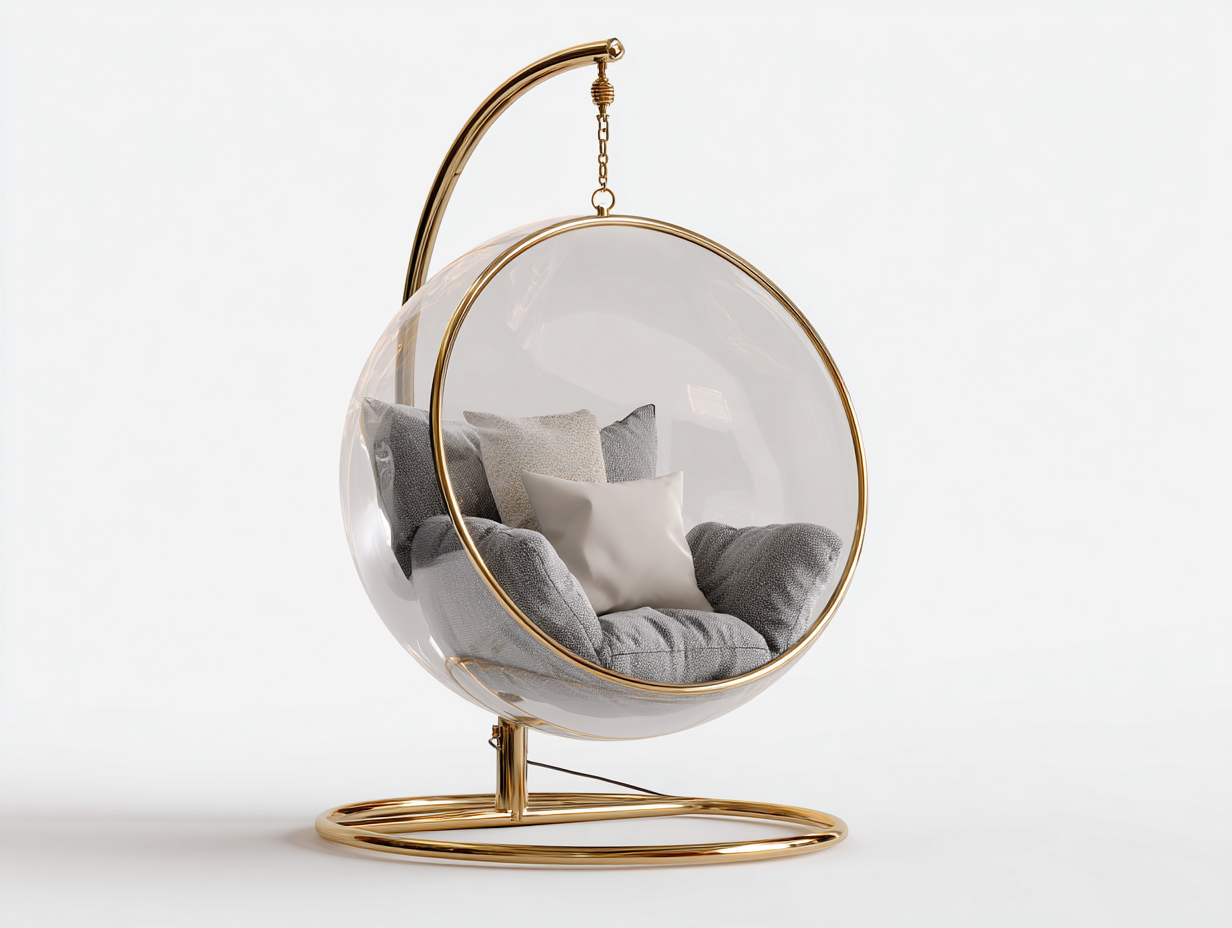 Sillón colgante de jardín acrílico transparente con soporte metálico 105x95x195 cm - transparente-dorado-gris - diseño moderno para exterior-Denupbase