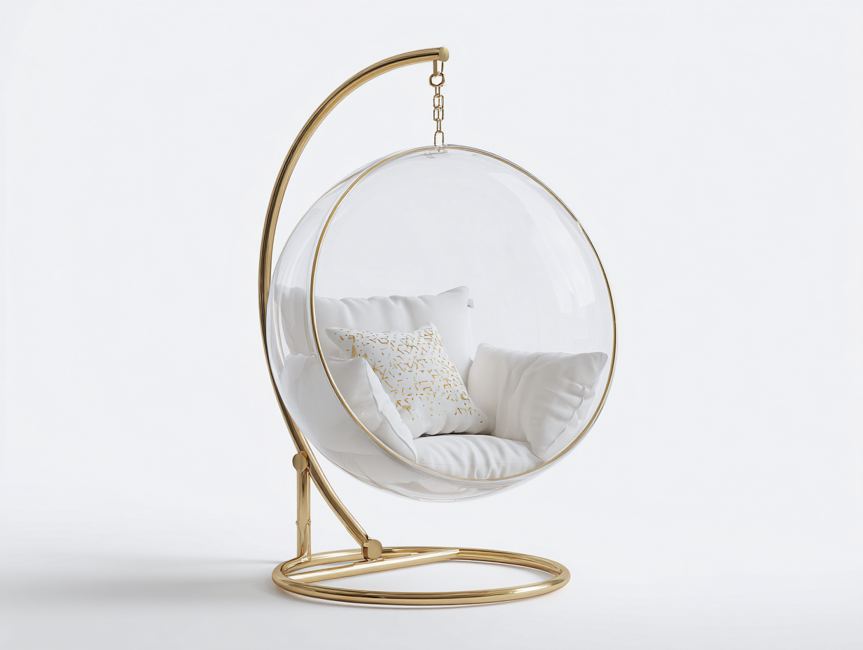 Sillón colgante de jardín estructura metal y esfera acrílica 105x105x195 cm transparente y dorado diseño moderno para terraza y jardín-Denupbase