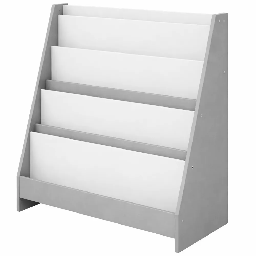 Kinder-Bücherregal mit 4 Fächern, Aufbewahrung für Spielzimmer, Kippsicher, Weiß und Grau