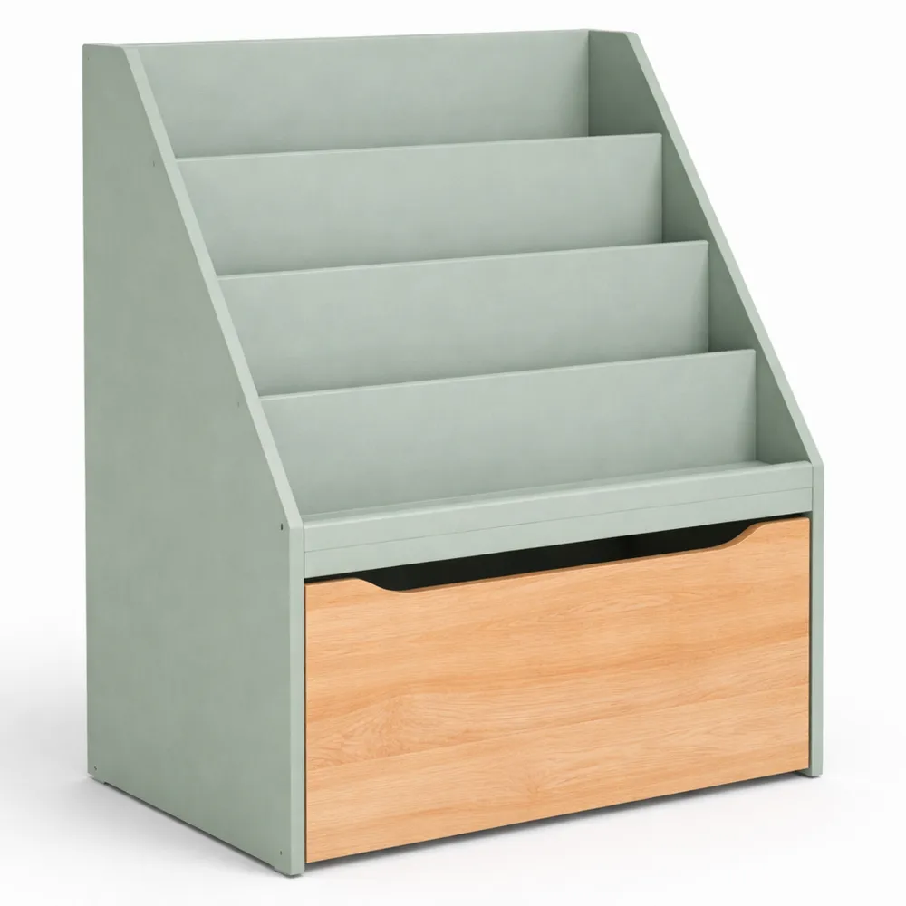 Kinderregal mit 4 Fächern und Spielzeugtruhe, Grün-Natur, 62x80x30cm