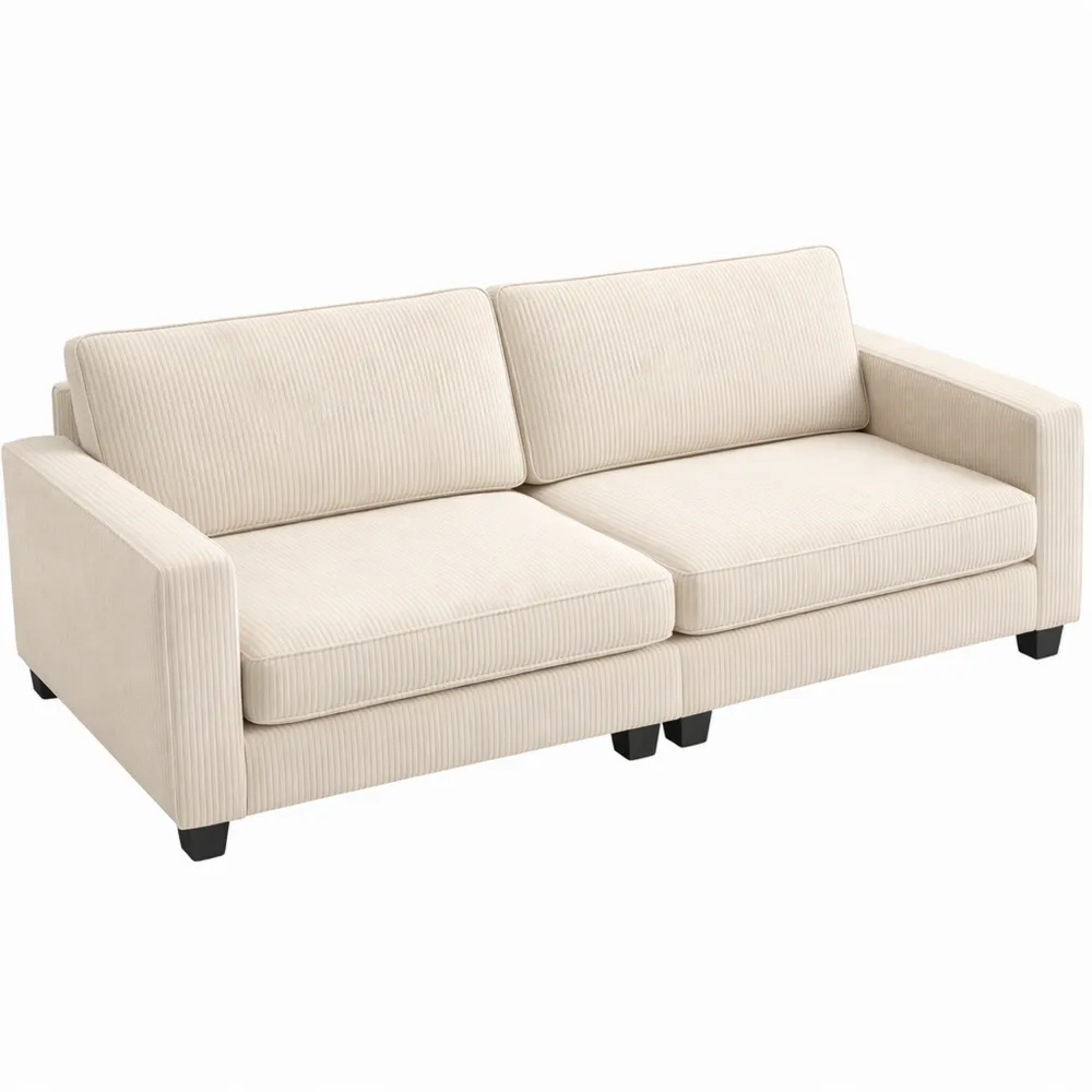 Bequemes 3-Sitzer Sofa mit Federkern und Cordbezug, cremeweiß