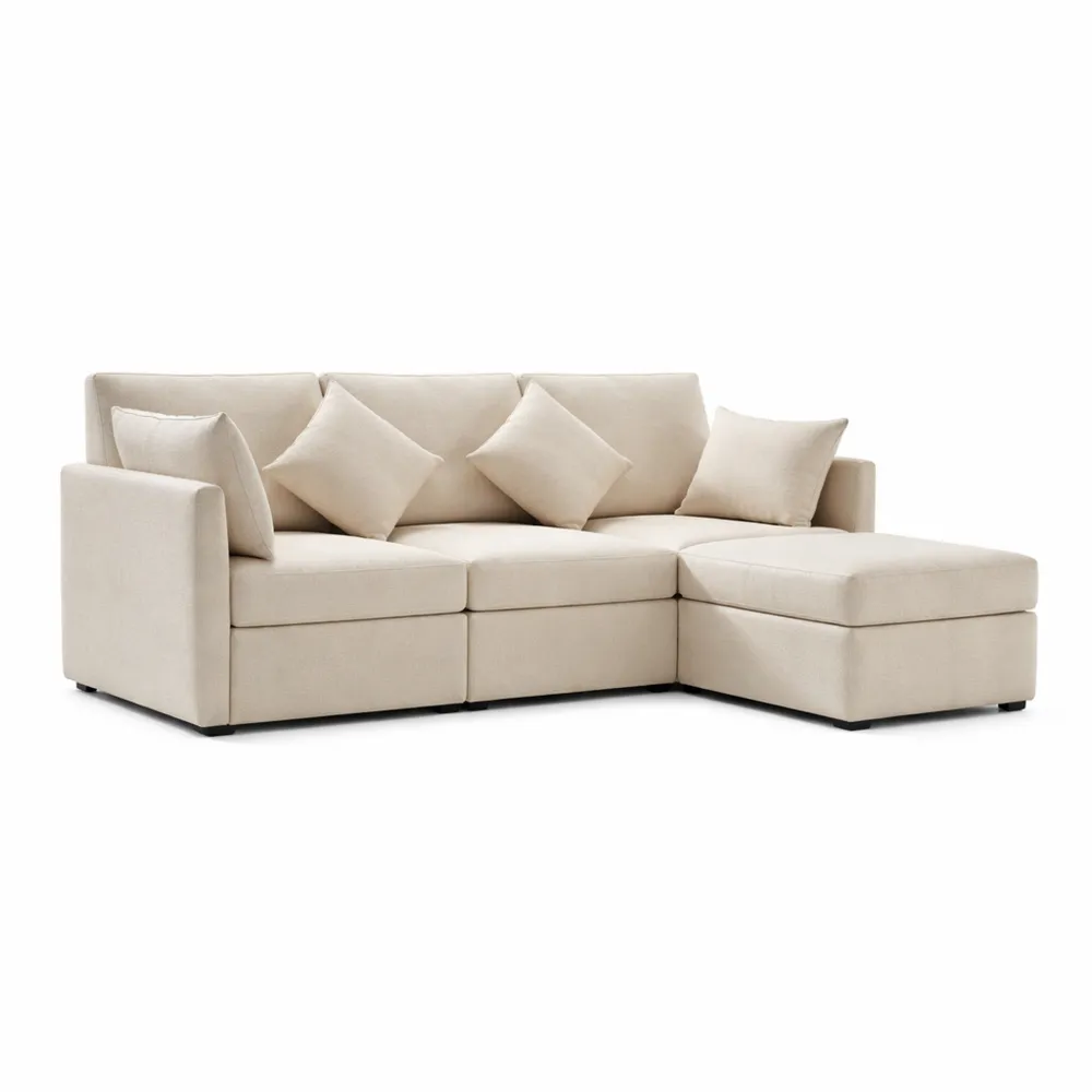 Modulares L-Form Sofa mit Fußhocker, Chenille-Stoff, Platzsparend, Beige