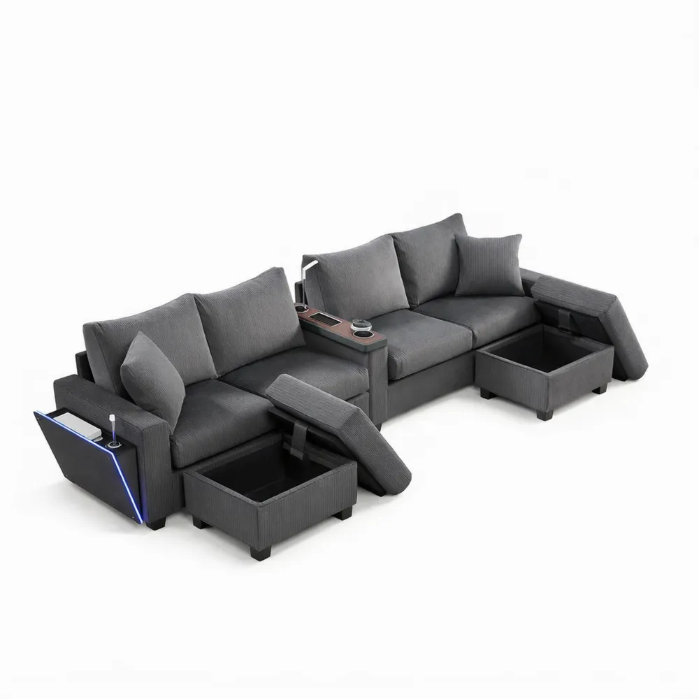 Großes U-förmiges Sofa mit Hockern und LED-Beleuchtung im Armlehnenbereich