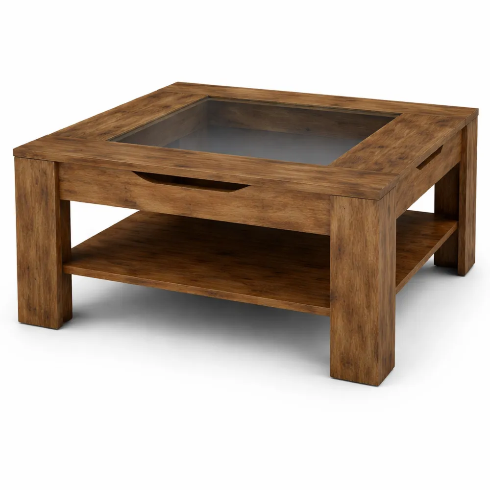Moderner Couchtisch mit Glaseinlage und Stauraum, Old Wood-Optik