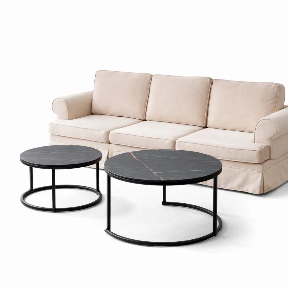 Moderner Couchtisch aus Holz mit Marmoroptik, Rundes Design - 2er Set Schwarz-Gold