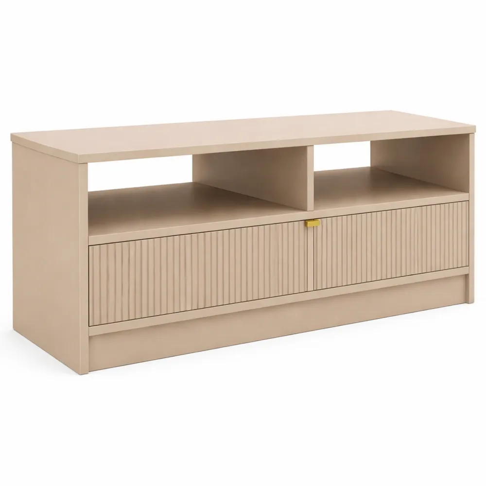 Moderner Couchtisch mit Schublade und geriffelter Front, Sandbeige