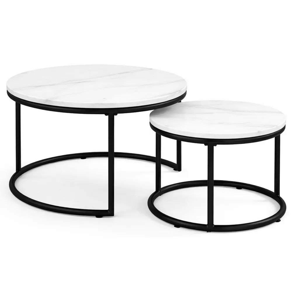 Moderner Couchtisch im 2er-Set mit Metallgestell und runder Holzplatte