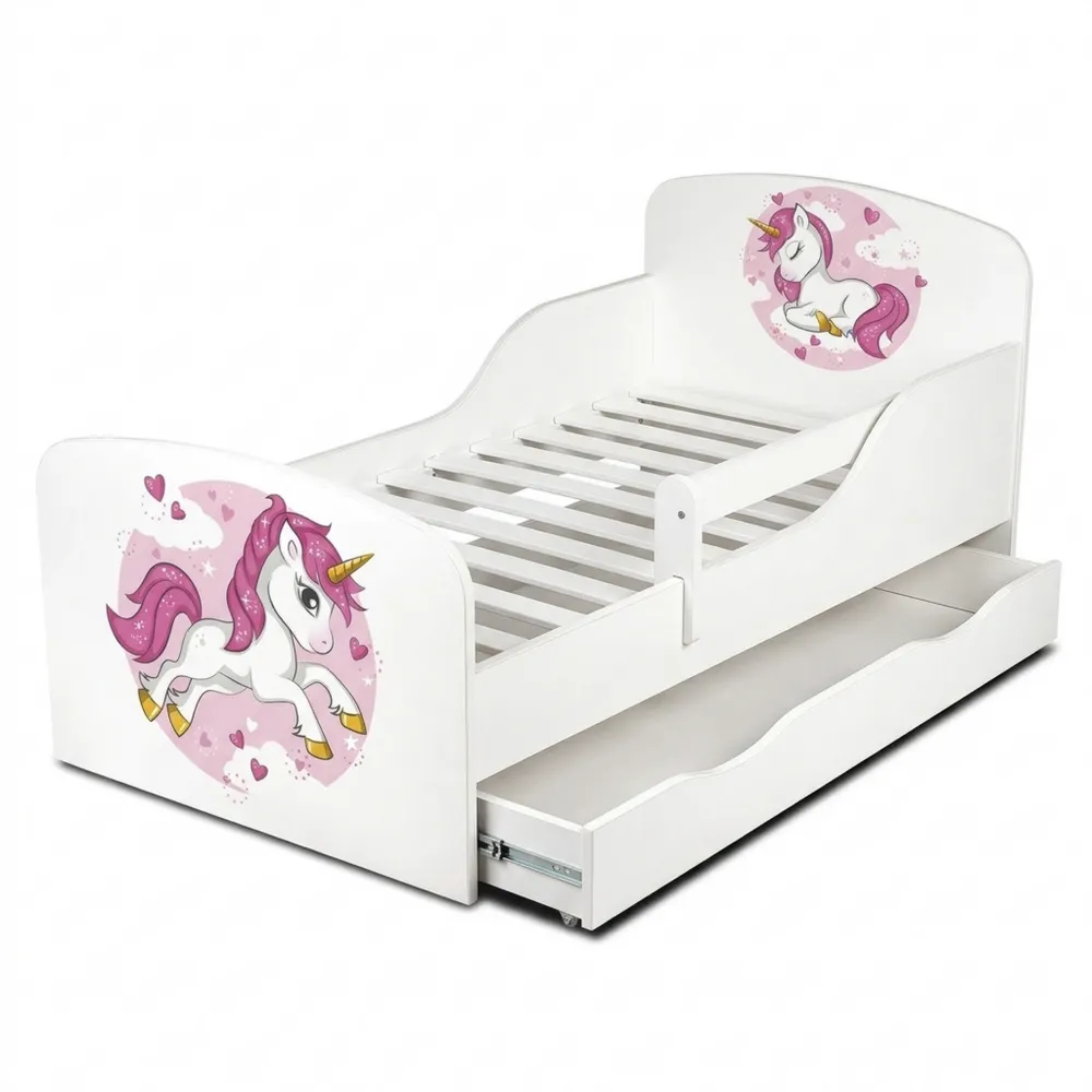 Holz-Kinderbett mit Stauraum und Matratze, Liegefläche 70x140 cm, UV-Druck