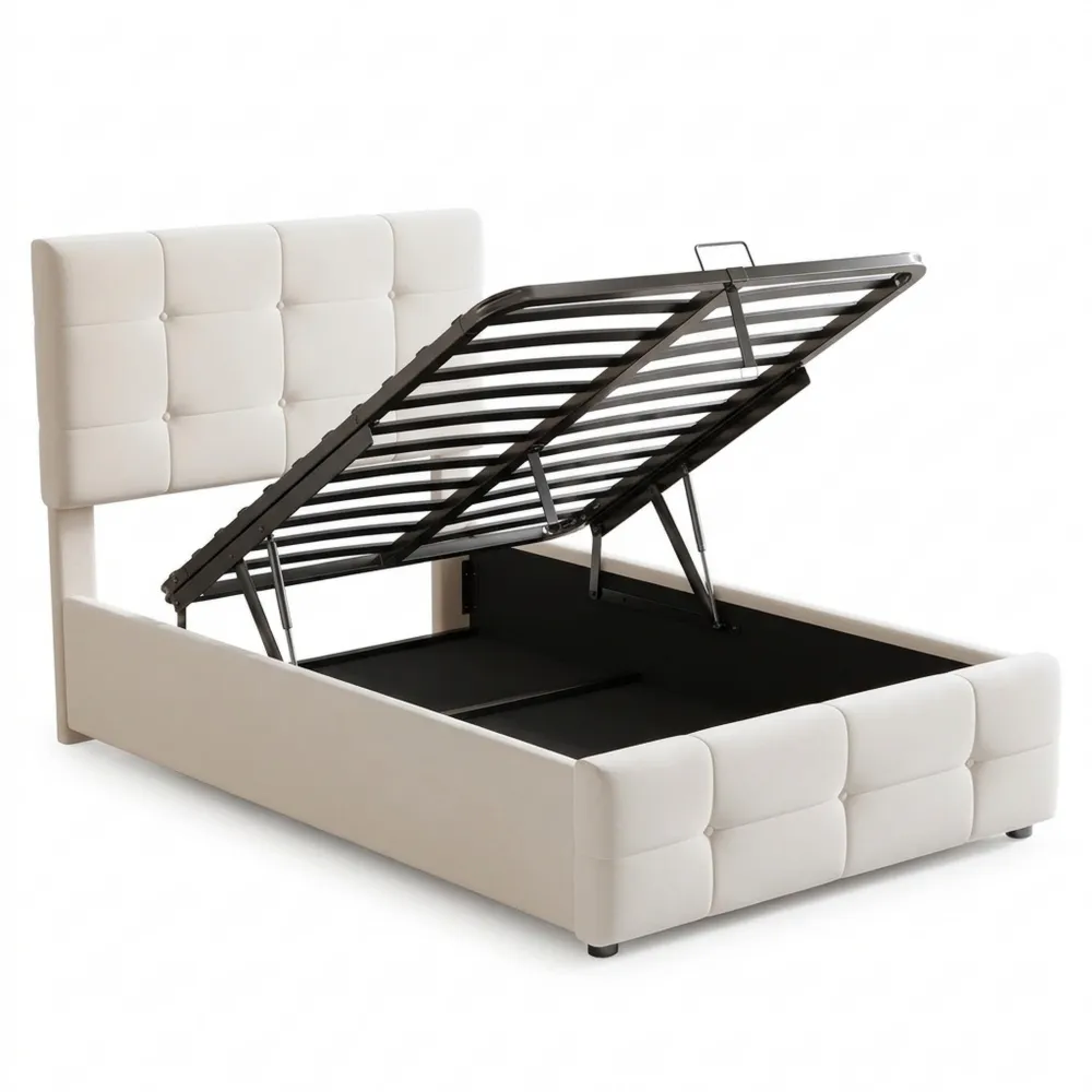 Einzelbett mit Stauraum und Verstellbarem Kopfteil, 90x200 cm, Samtstoff Beige