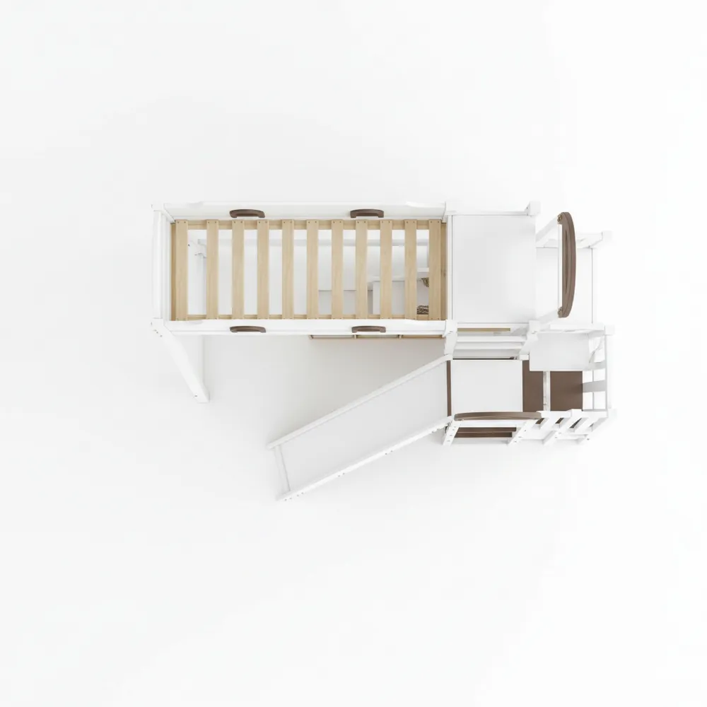 Platzsparendes Kinderhochbett mit Stauraumtreppe und Rutsche, 90x200cm, Weiß & Braun