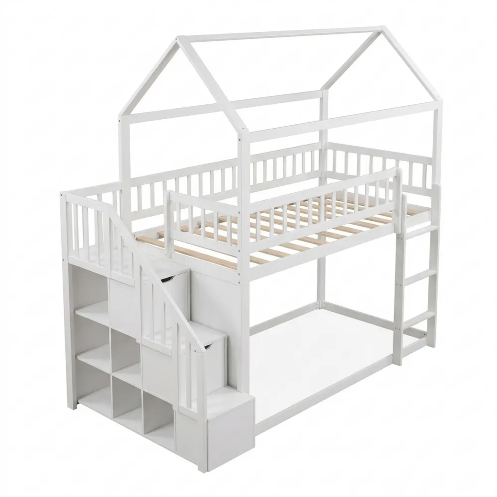 Stabiles Kinder-Etagenbett mit Treppe und Stauraum, 90x200 cm, Massivholz, Weiß