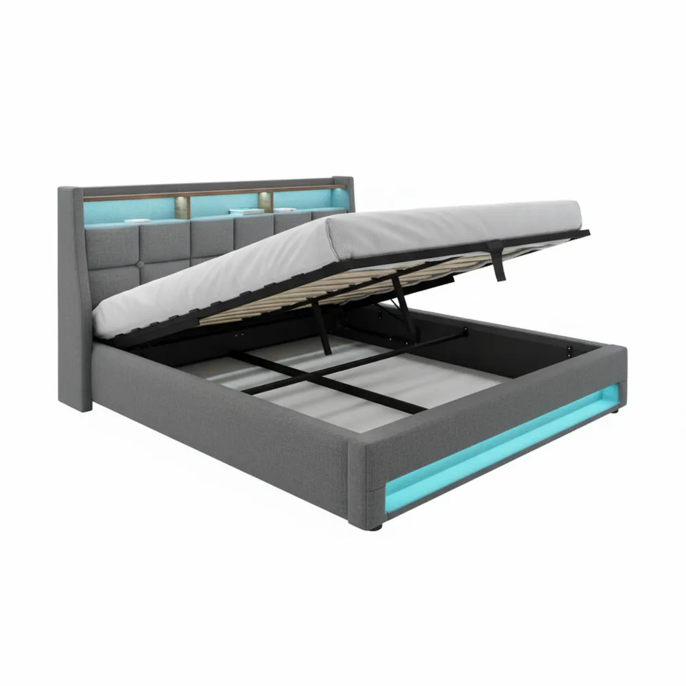 Bett 180x200cm mit Stauraum und Lattenrost, LED Kopfteil mit USB, Leinen Grau