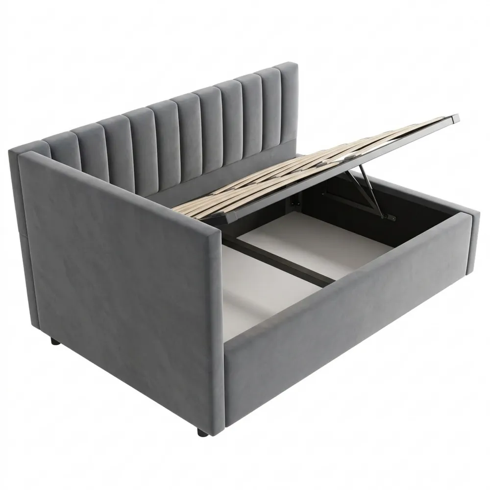 Sofa-Bett 90x200 mit LED und Stauraum, Einzelbett aus Samtstoff, Tagesbett ohne Matratze in Grau