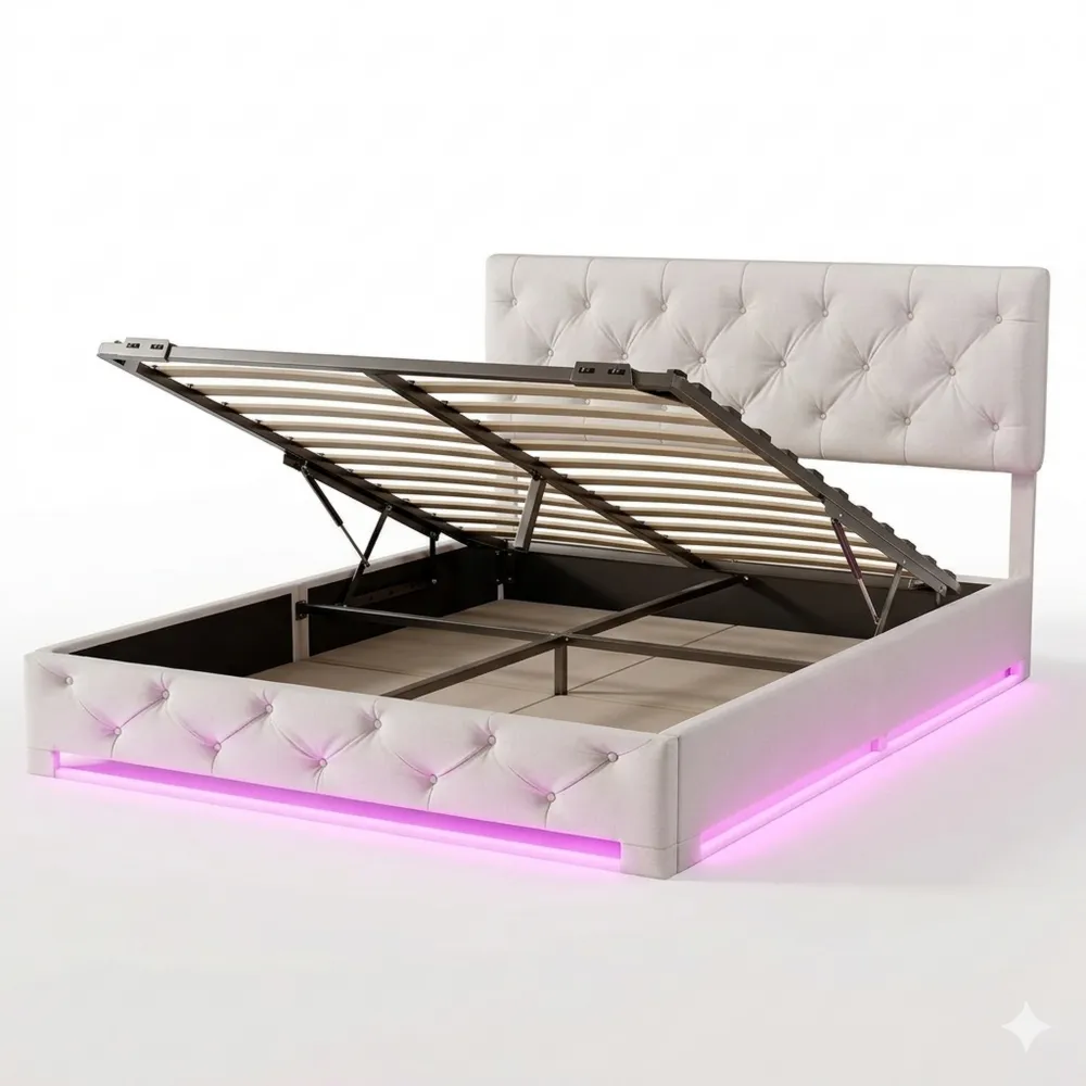 Stauraumbett 140x200 cm mit LED und verstellbarem Kopfteil, Beige