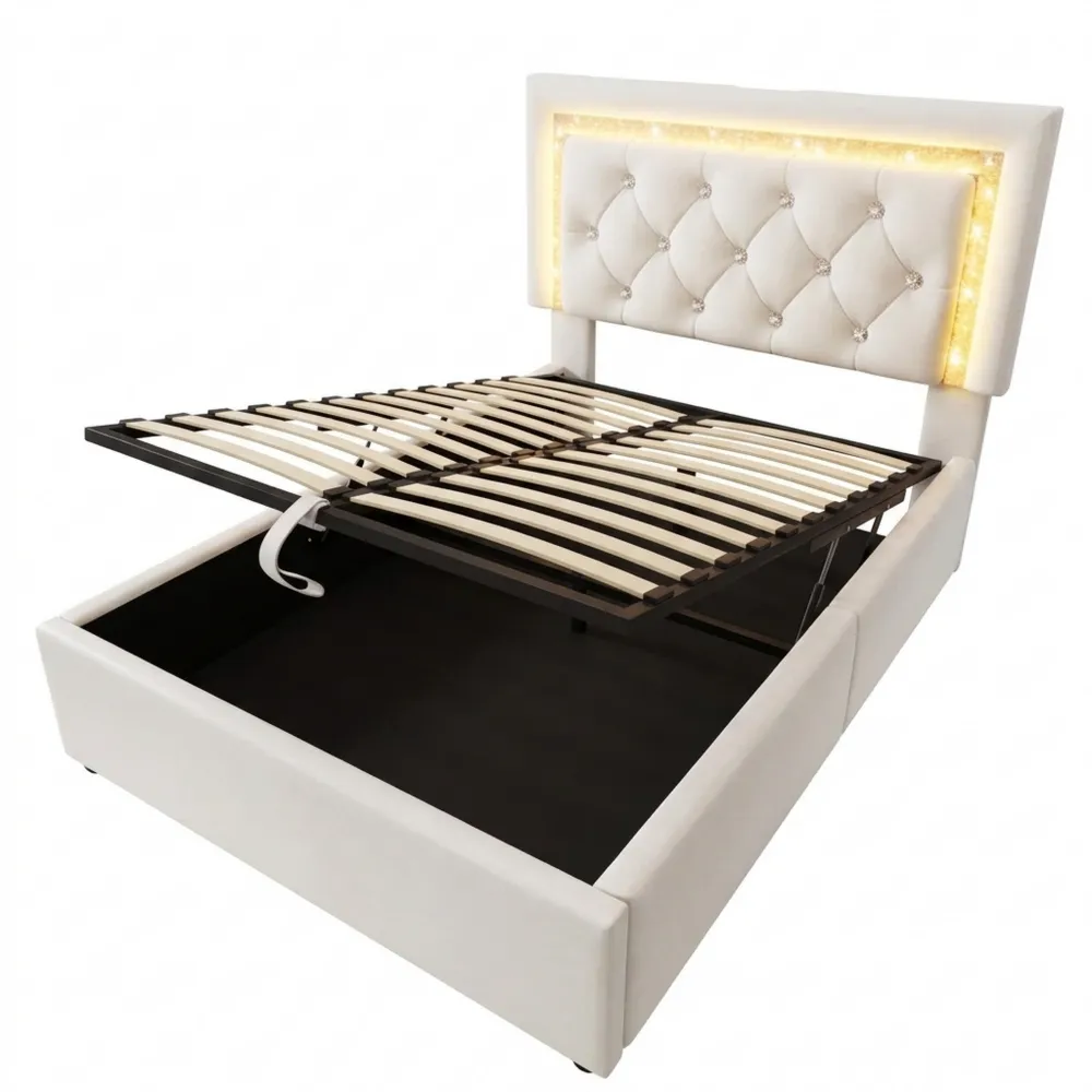 Modernes Samtpolsterbett mit LED und Stauraum, Jugendbett 90x200 cm