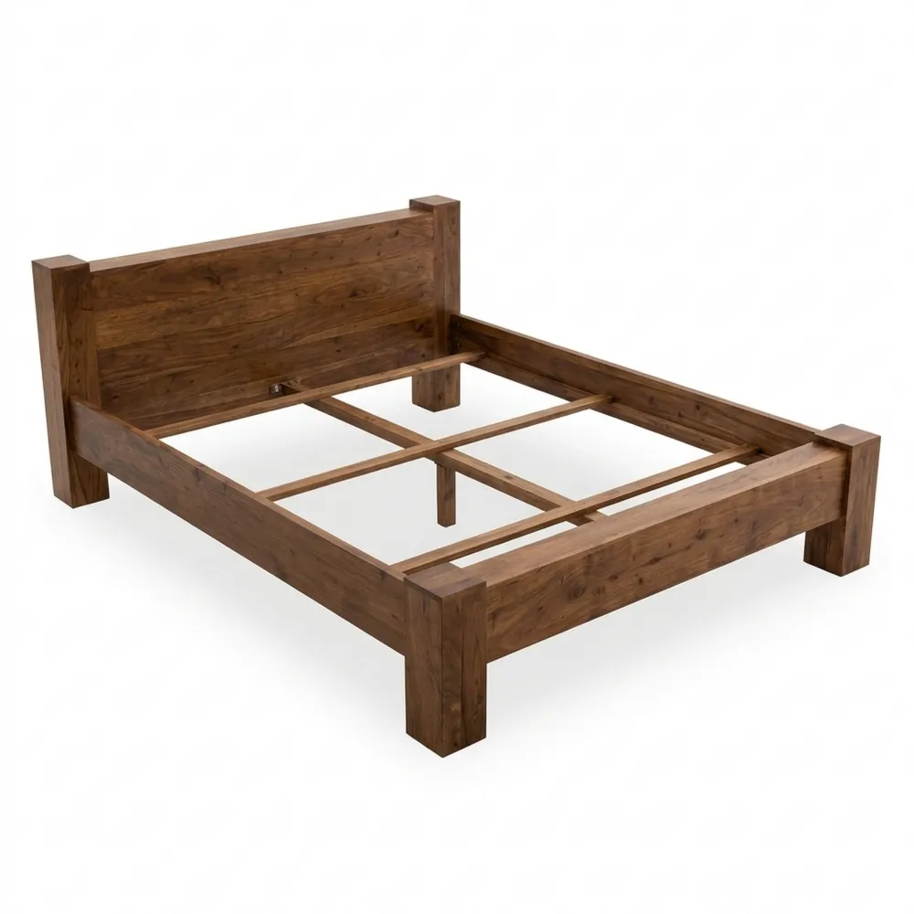 Massives Akazienholzbett mit niedrigem Kopfteil, rustikales Design, 200 x 200 cm