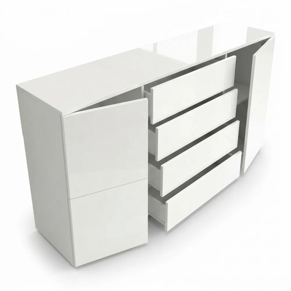 Moderner Sideboard mit Türen und Schubladen, Matt- und Hochglanzweiß