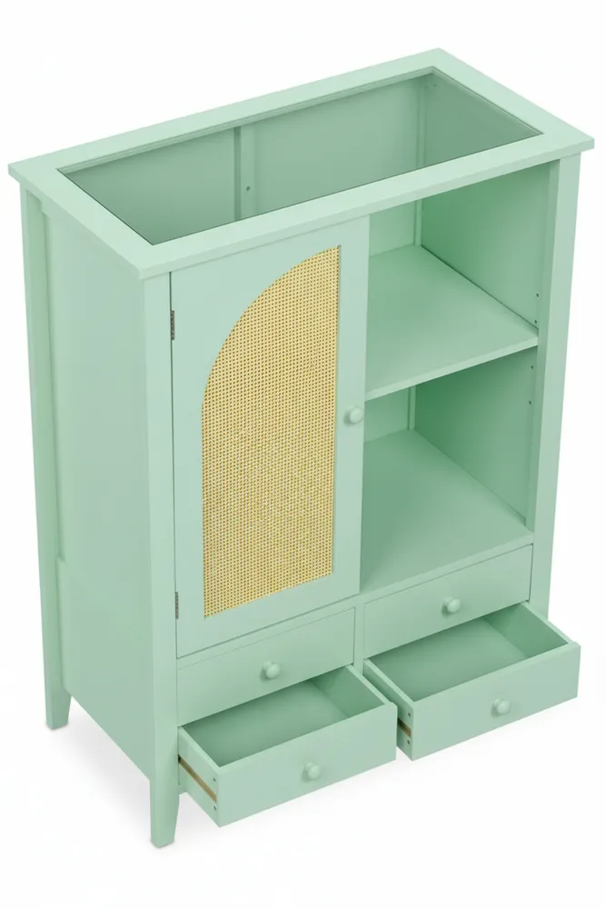 Sideboard mit Rattan-Design und großzügigem Stauraum für verschiedene Räume, türkis/natur