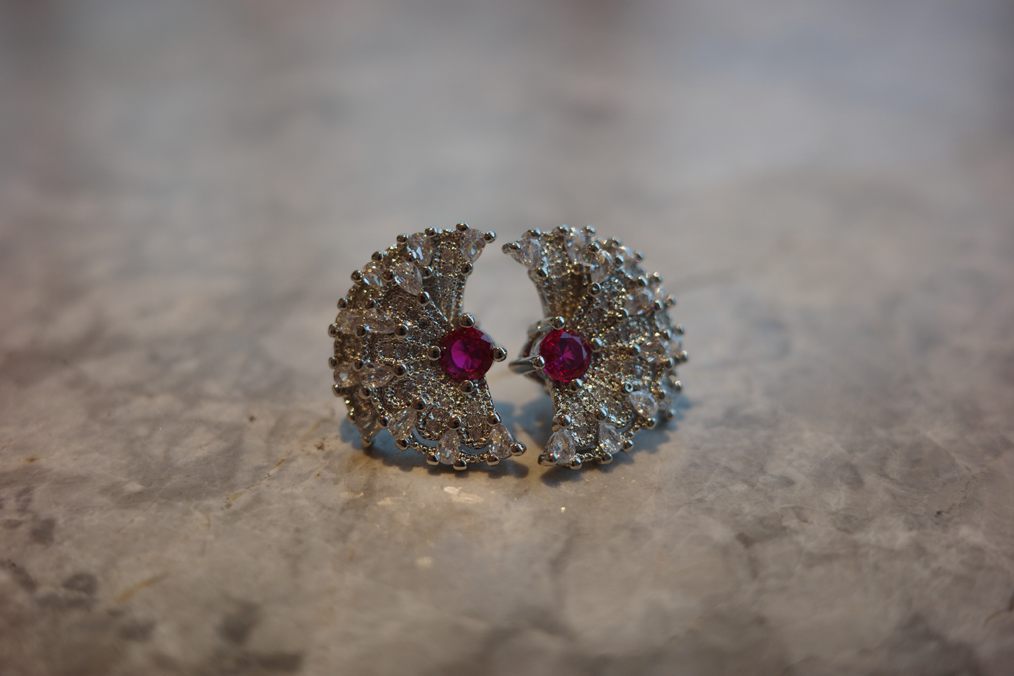 The Moon Phase Earring – Ruby-Red Zirconia & Celestial Pavé Half-Moon