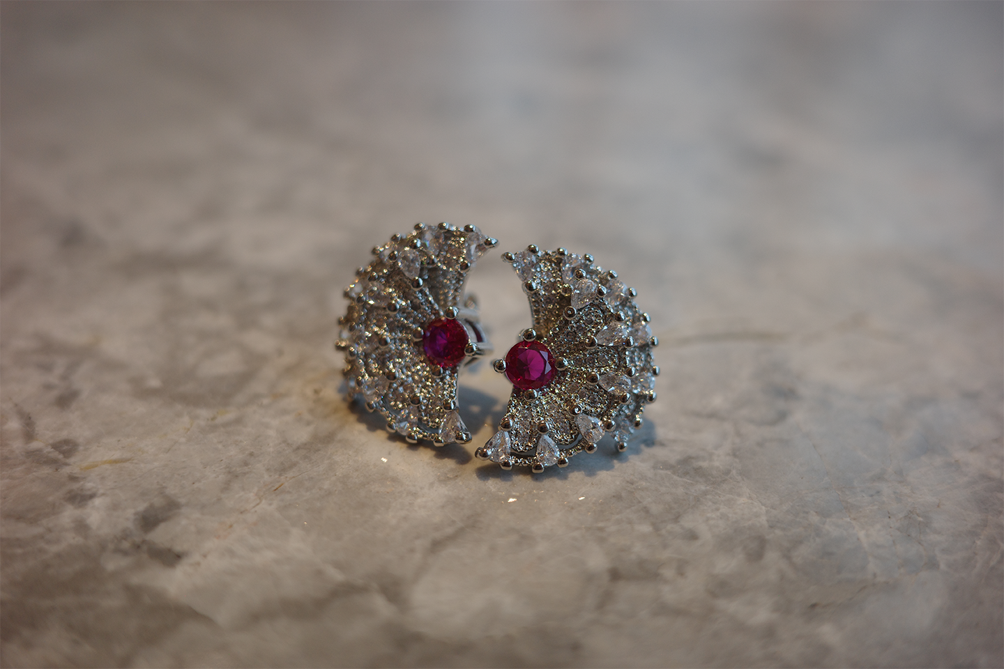 The Moon Phase Earring – Ruby-Red Zirconia & Celestial Pavé Half-Moon