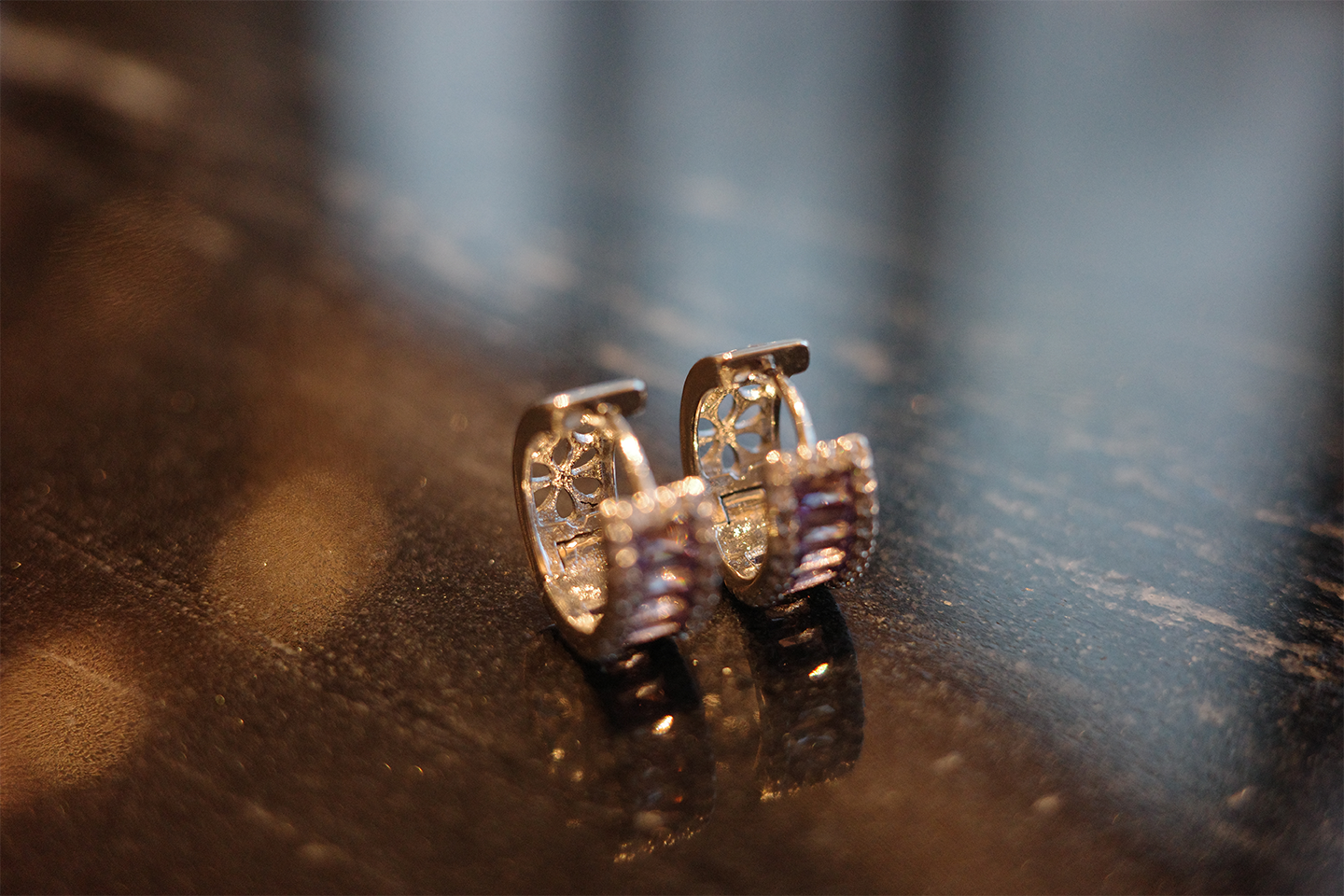 The Moon Cathedral Earring – Deep Violet Zirconia & Gilded Lattice Filigree