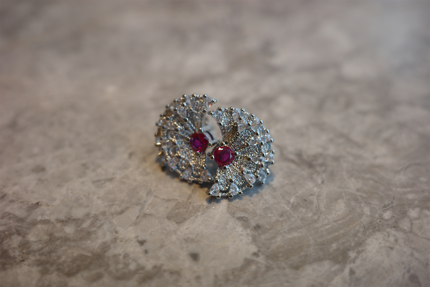 The Moon Phase Earring – Ruby-Red Zirconia & Celestial Pavé Half-Moon