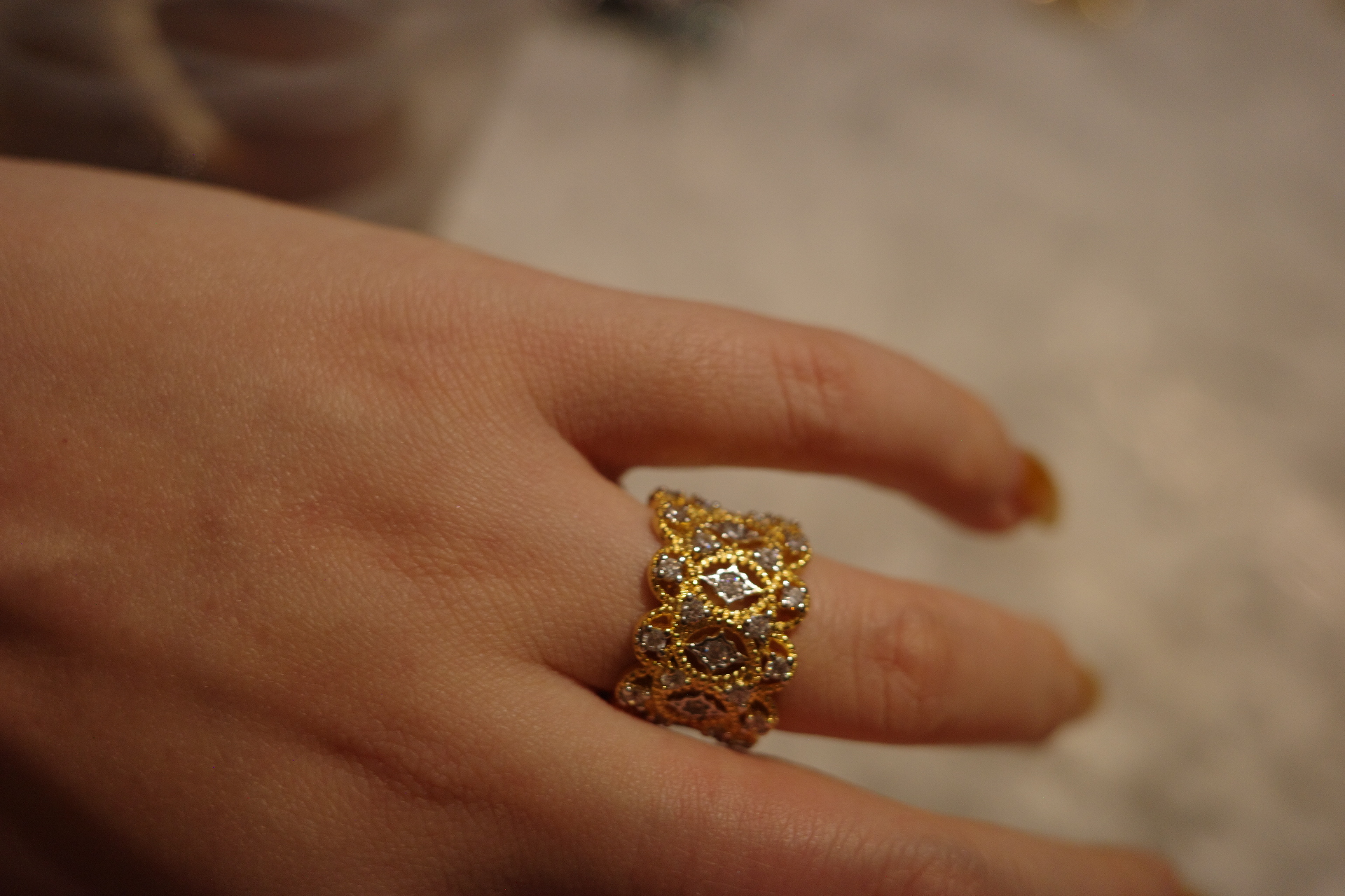 The Gilded Lace Ring – Intricate French Hollow-Out & Pavé Zirconia