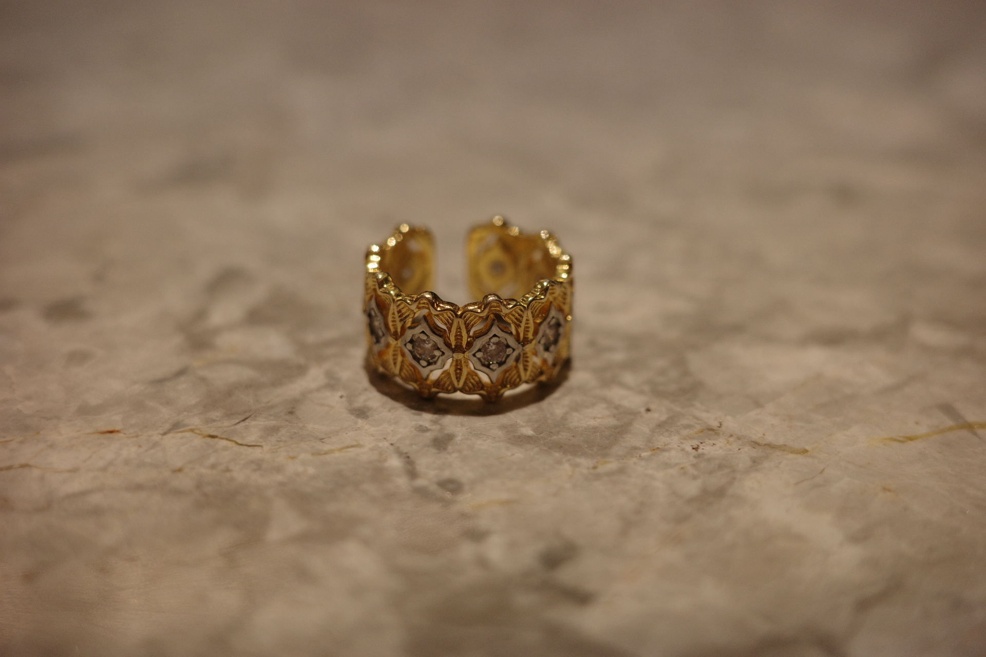 The Saturn Lace Ring – Two-Tone Gilded Filigree & Diamond Heart Lattice